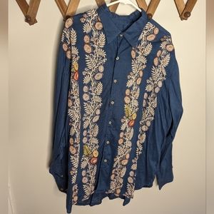 Tommy Bahama Shirt Mens XXL 100% Linen Embroidered Floral Flower Blue Shirt